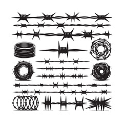 Collection of various barbed wire illustrations and symbols