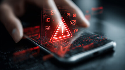 Hand holding smartphone displaying a glowing red digital warning triangle with email icons, symbolizing cybersecurity threat, data breach, or phishing attack
