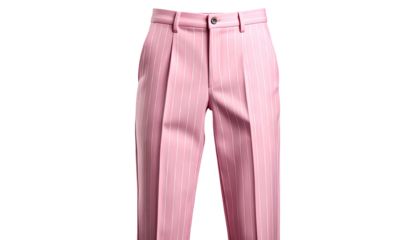 Pink tailored trousers, pinstripes, button closure, pleated front. Isolated on black