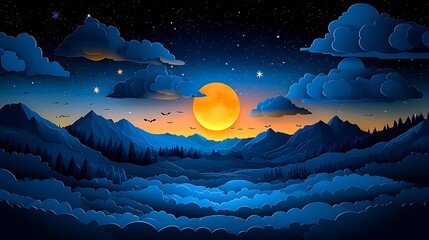 Night landscape with orange moon