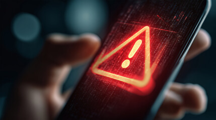Hand holding a smartphone displaying a prominent red warning sign on a digital code background, representing a cyber security threat, data protection alert, or system error