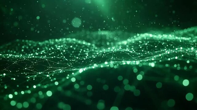 Abstract green network with glowing dots and lines forming a digital landscape.