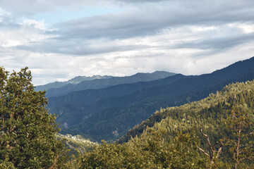 Fototapeta premium Majestic mountain landscape with rolling hills, dense trees, and a cloudy sky creating a serene outdoor scene rich in natural colors and tranquil atmosphere.