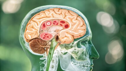 Cancer, oncology and genetics concept. Illustration of a human brain with a transparent skull overlay.