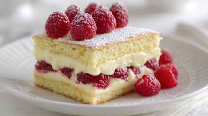 A slice of raspberry layer cake showcases soft sponge layers filled with creamy filling and fresh raspberries. Lightly dusted with powdered sugar, it looks tempting and inviting.