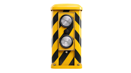 A yellow and black striped industrial light with two round lights on a transparent background