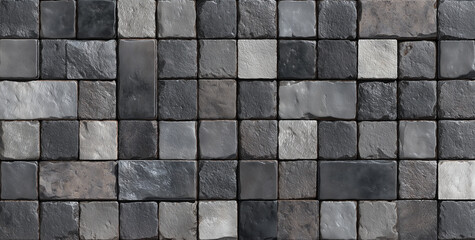 Seamless pattern of gray and black rough stone wall tiles, natural textured surface for architectural design and abstract background concept