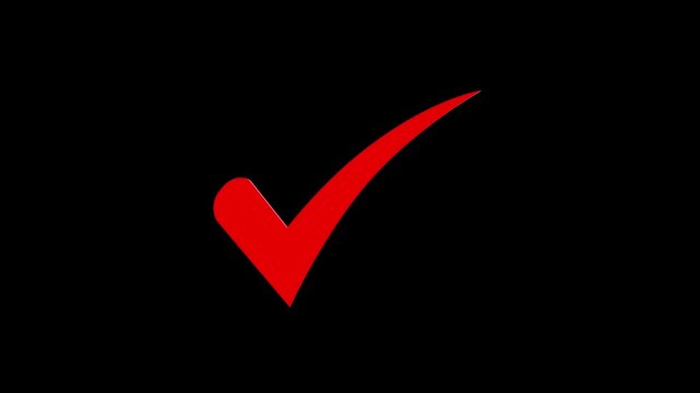 3d red check mark icon animation in black background.. Tick make animation 