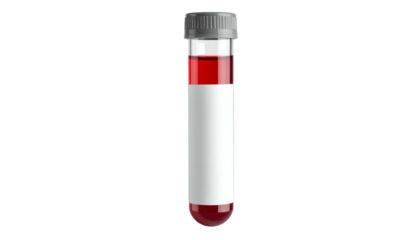 A vertical glass vial with a grey cap filled with red fluid, against a black backdrop