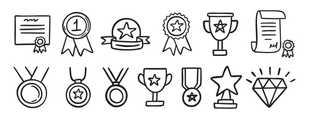 medal honor award related doodle hand drawn icon set. Outline drawing winner line clipart symbol collection