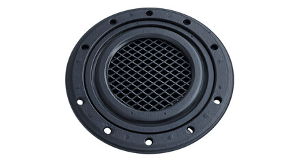 Black speaker grill with mesh and screw holes isolated on transparent background