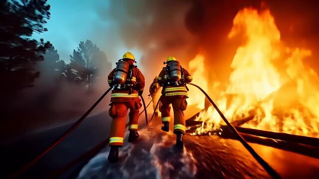 Natural disaster. Devastating loss aftermath scene. A vivid portrayal of firefighters battling a raging fire. The scene is dominated by the fiery orange and yellow hues of the flames.