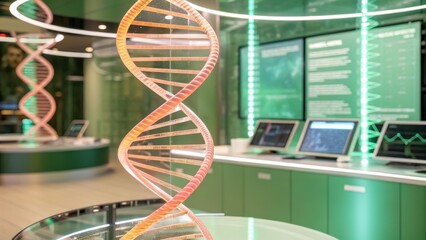 Cancer, oncology and genetics concept. Modern laboratory with DNA model and digital displays.