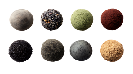 Eight different colored and textured balls on transparent background