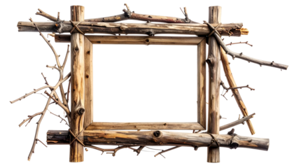 Rustic wooden frame crafted from logs and twigs, intricately tied together