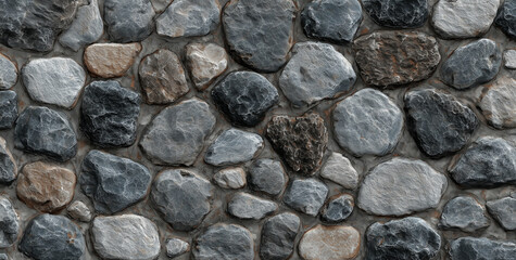 Fototapeta premium Rough surface of a rustic stone wall constructed with irregular grey and brown rocks, creating a natural texture background for architectural design elements