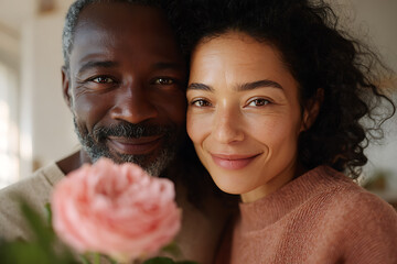 multicultural valentines day embrace, middle-aged couple from diverse backgrounds embracing authentically in a cozy home on valentines day, radiating genuine joy love woman holds a sustainable
