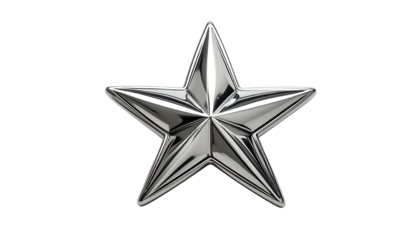 A gleaming, metallic five-pointed star with highlights and shadows, isolated on black