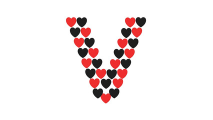 A letter "V" created from numerous heart shapes alternating between red and black colors, against a clean white backdrop