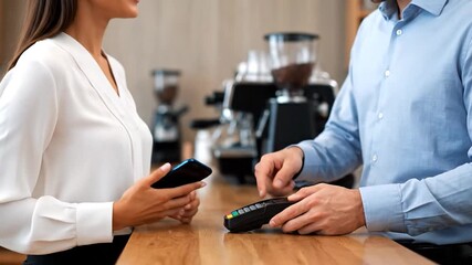 Woman uses smartphone to pay at a coffee shop counter - Powered by Adobe