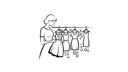Obraz premium A line drawing depicts a woman browsing dresses on a rack. Tags and geometric shapes hang and float. Simple outline style