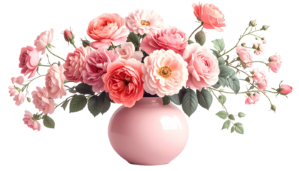 A vibrant bouquet of pink and peach roses in a smooth, round pink vase on black