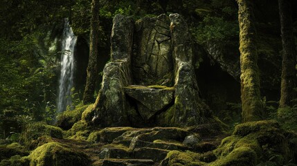 Fototapeta premium Stone throne in mossy forest, waterfall background; fantasy backdrop
