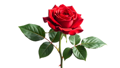 Vibrant red rose in full bloom, green leaves on stem, set against a stark black background