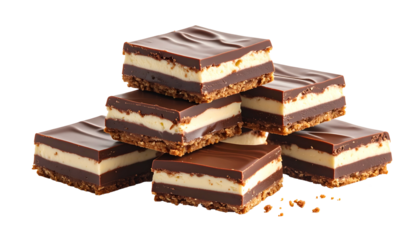 Stack of layered square desserts with chocolate top and bottom, creamy filling