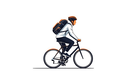 Obraz premium A person rides a bicycle with a backpack, wearing a helmet, and a jacket. It's a clean graphic on a white background with orange and black accents