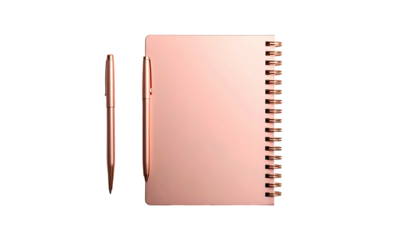 A rose gold notebook and pens on a black background. Minimal, elegant and functional