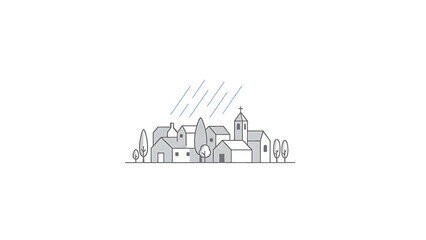 Fototapeta premium A minimalist illustration of a small village scene under a rainy sky. Featuring various building types, trees, and rain lines