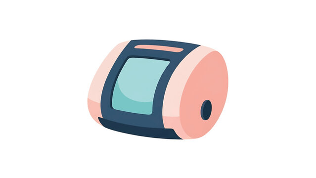 A medical device illustration in a minimalist style, featuring a screen and buttons. The device is a combination of pink and dark blue colors