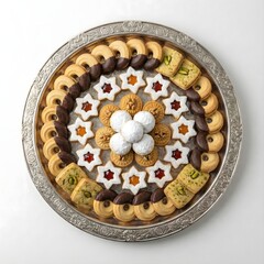 Round Silver Platter with Assorted Eid Cookies and Jam Biscuits - Top View 3D Illustration