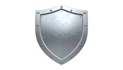 A silver shield with rivets, against a black background. Textured metallic finish