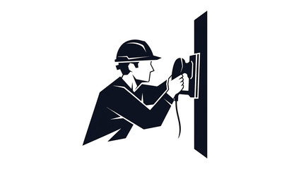 A monochrome illustration depicting a construction worker wearing a hard hat, operating a power sander on a wall. The image is clean and minimalistic
