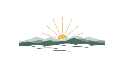 A minimalist landscape illustration depicts a rising sun over layered green mountains with a textured, artistic style against a white background