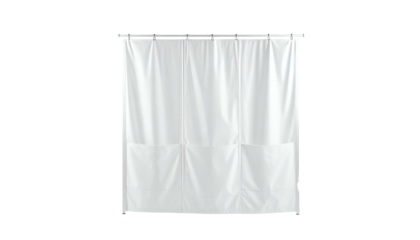 White shower curtain, hanging from a rod, against a solid black backdrop