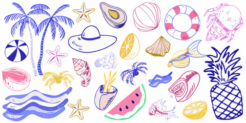 A colorful collection of hand drawn summer vacation elements and tropical objects