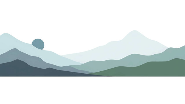 A minimalist landscape features overlapping mountain ranges in varying shades of green, blue, and grey, under a soft, circular celestial form