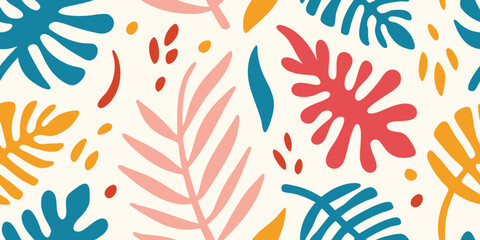 Abstract floral pattern with colorful leaves and organic shapes on a cream background