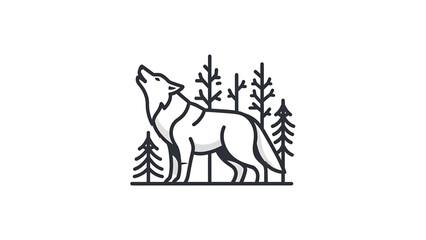 A monochrome illustration depicts a howling wolf amidst stylized trees, using simple lines and solid shapes on a clean white background