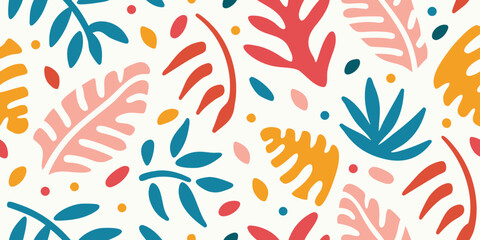 Abstract floral pattern with colorful leaves and shapes on a white background