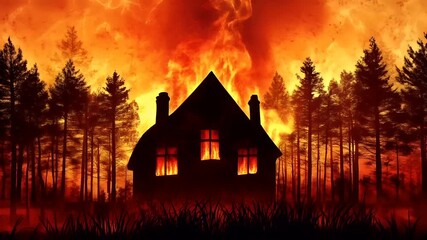 Natural disaster. Devastating loss aftermath scene. A vivid portrayal of a house engulfed in flames, set against a backdrop of a fiery sky. The house is the central focus.