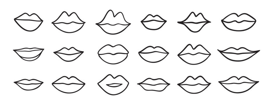 different lips doodle hand drawn icon set. Outline drawing lips line clipart symbol collection