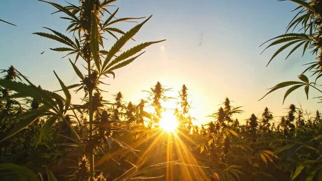 Field of green plants glowing with the sun's rays at sunset.