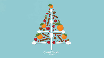 A minimalistic Christmas tree made of spoons, tangerines, cranberries, star anise, and cinnamon sticks against a light blue background