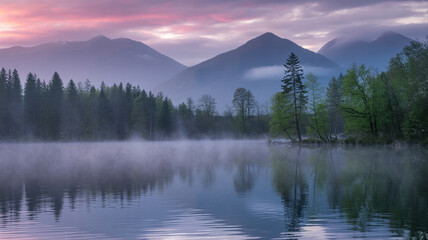 Fototapeta premium Tranquil mountain lake at dawn with mist rising and colorful sky rising mist