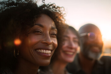 authentic friends gathering, friends in their s with diverse body types, candidly laughing at an outdoor picnic in warm sunset light, captured with a grainy film aesthetic