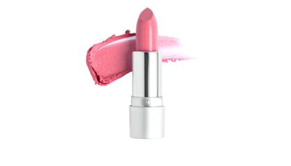 Pink lipstick in silver tube with swatch of color on black background